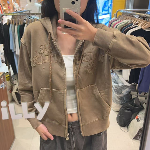 韓國 Wacky Willy Women's Pigment-Washed Applique Hooded Zip-up【WW024】