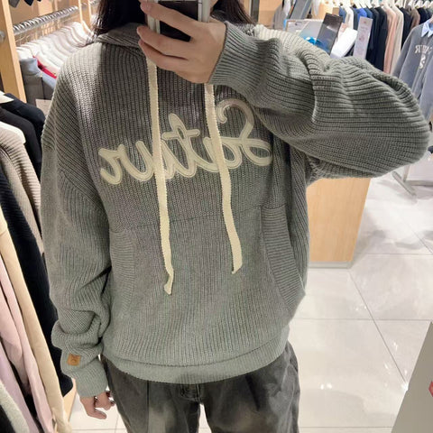 韓國 Satur Appliqué Logo Cashmere Blend Hooded Knit【SR148】