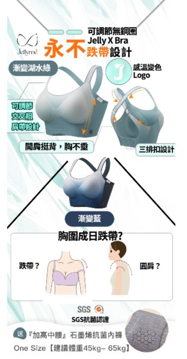 Jellyme Jelly Bra 可調節無鋼圈永不跌帶設計Jelly X Bra＋石墨烯內褲套裝 (中腰內褲)【SE351】