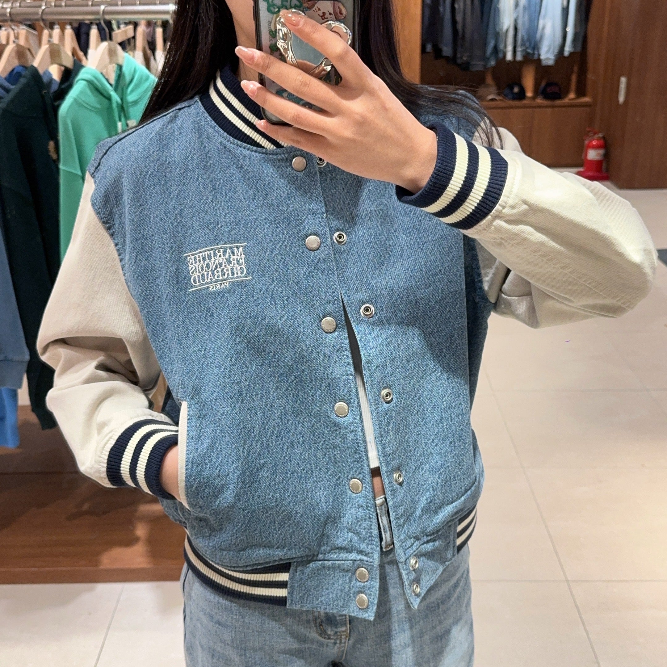 韓國 Marithe Francois Girbaud CLASSIC LOGO DENIM VARSITY JACKET【MF381】