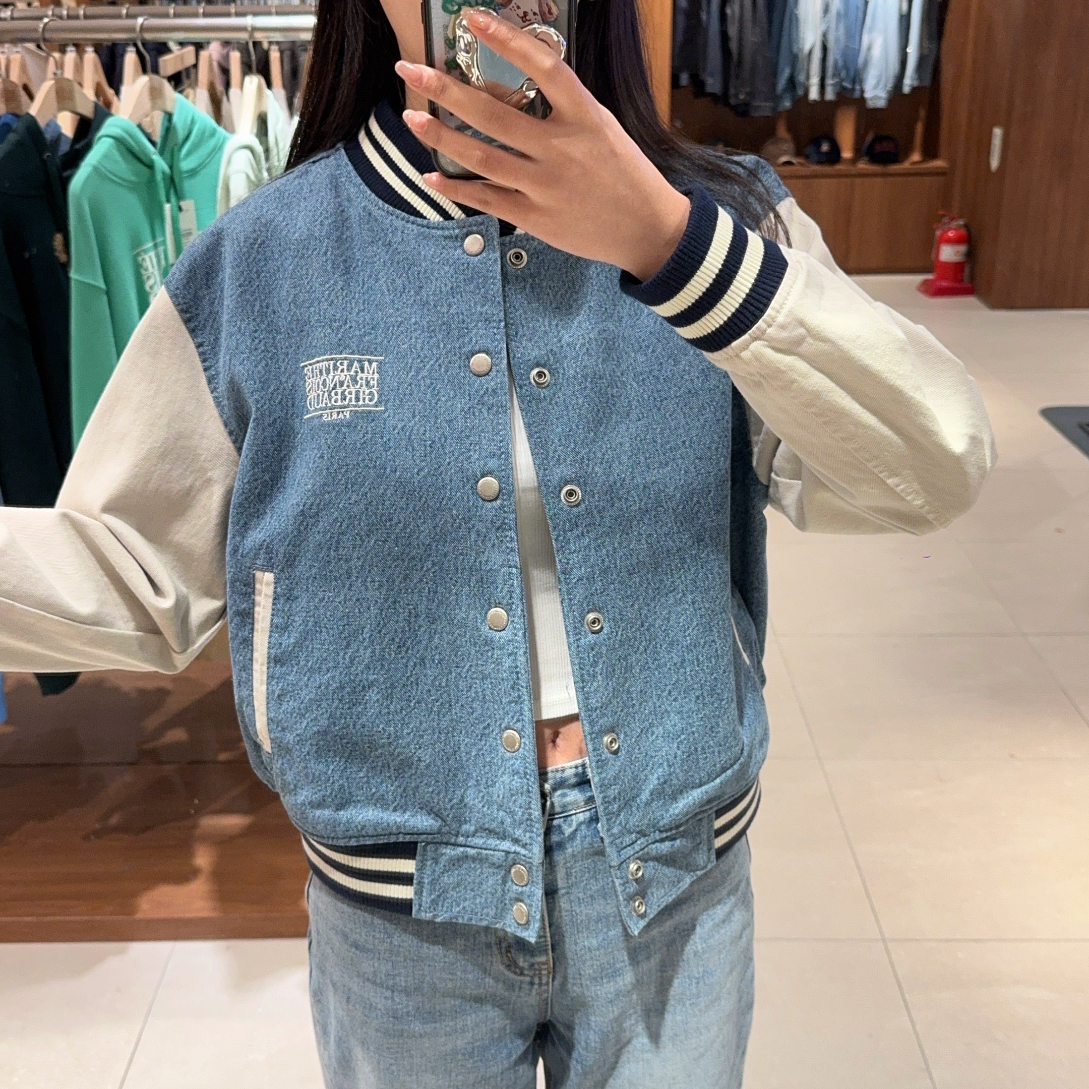 韓國 Marithe Francois Girbaud CLASSIC LOGO DENIM VARSITY JACKET【MF381】