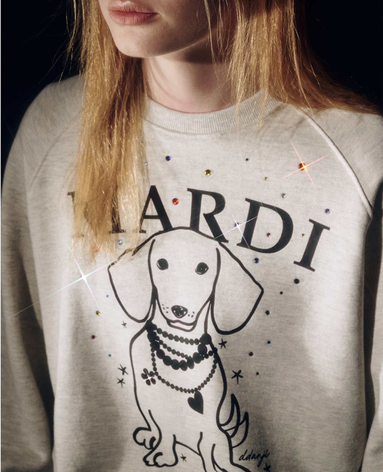 韓國 Mardi Mercredi SWEATSHIRT RAGLAN SWING THE TAIL DDANJI PEARL NECKLACE STONE EMBELLISHED【MM006】