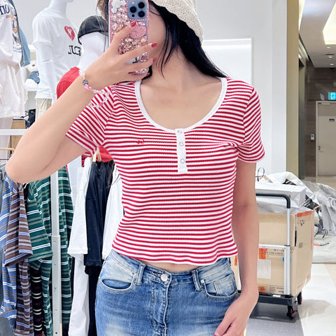 韓國 SPAO Henry Neck Crop Short Sleeve T-Shirt【SP177】