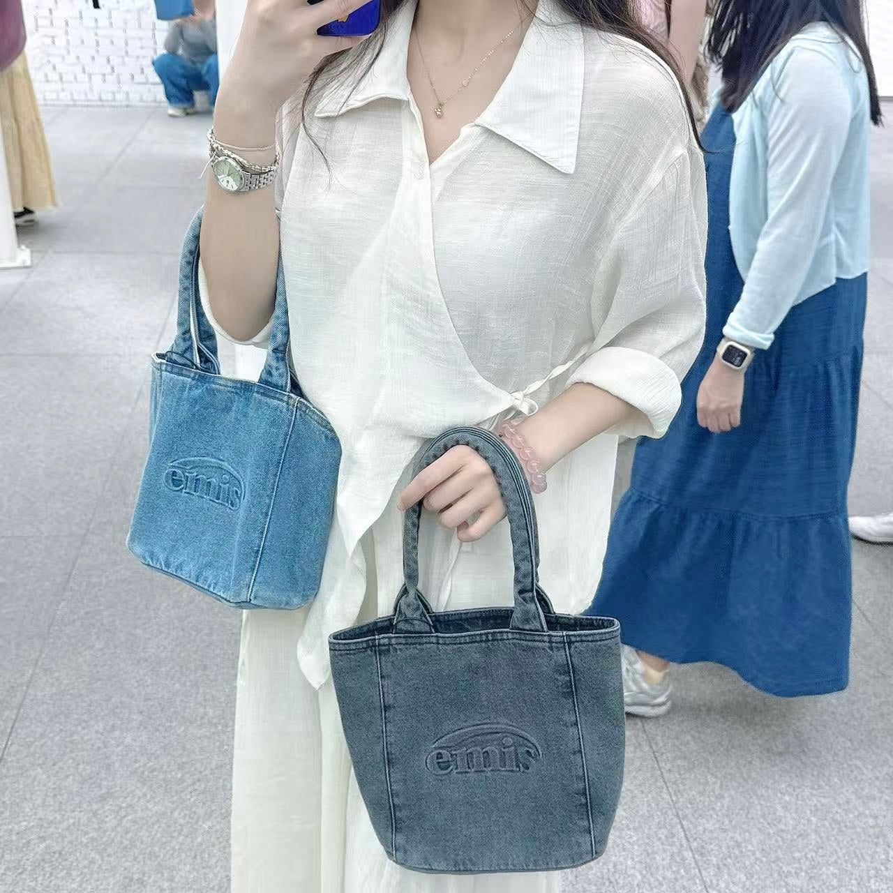 韓國 EMIS Logo Embossed Denim Tote Bag【ES081】