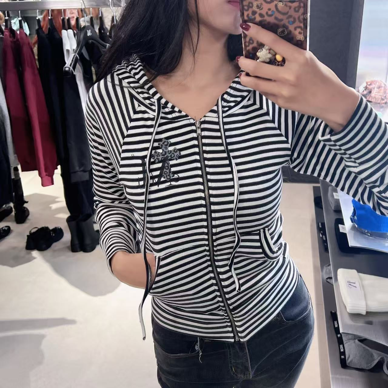 韓國 Mucent Sahara Leopard Cross Stripe Raglan Hooded Zip-Up【MU123】