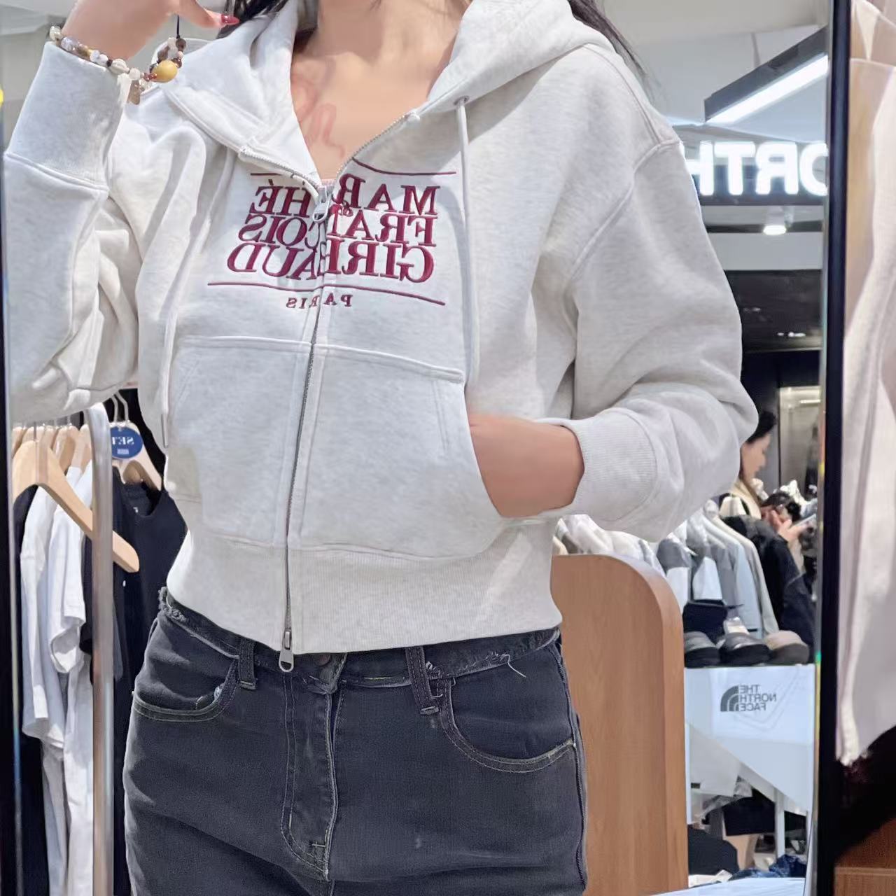韓國 Marithe Francois Girbaud W Embroidery Classic Logo Crop Hoodie Zipup【MF716】