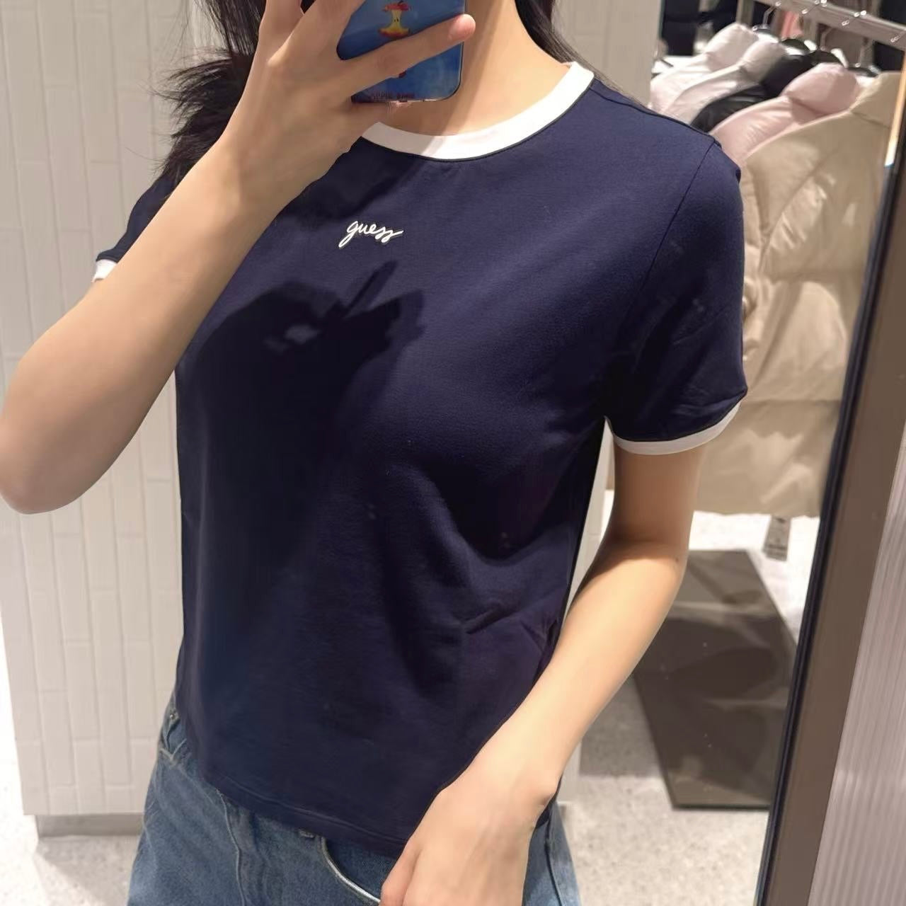 韓國 Guess Women's Crop Ringer Guess Small Logo Short Sleeve T-Shirt【GU009】