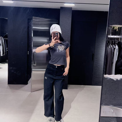 韓國 Mucent Coron Back Leather Leopard Heart Patch Wide Cotton Pants【MU151】