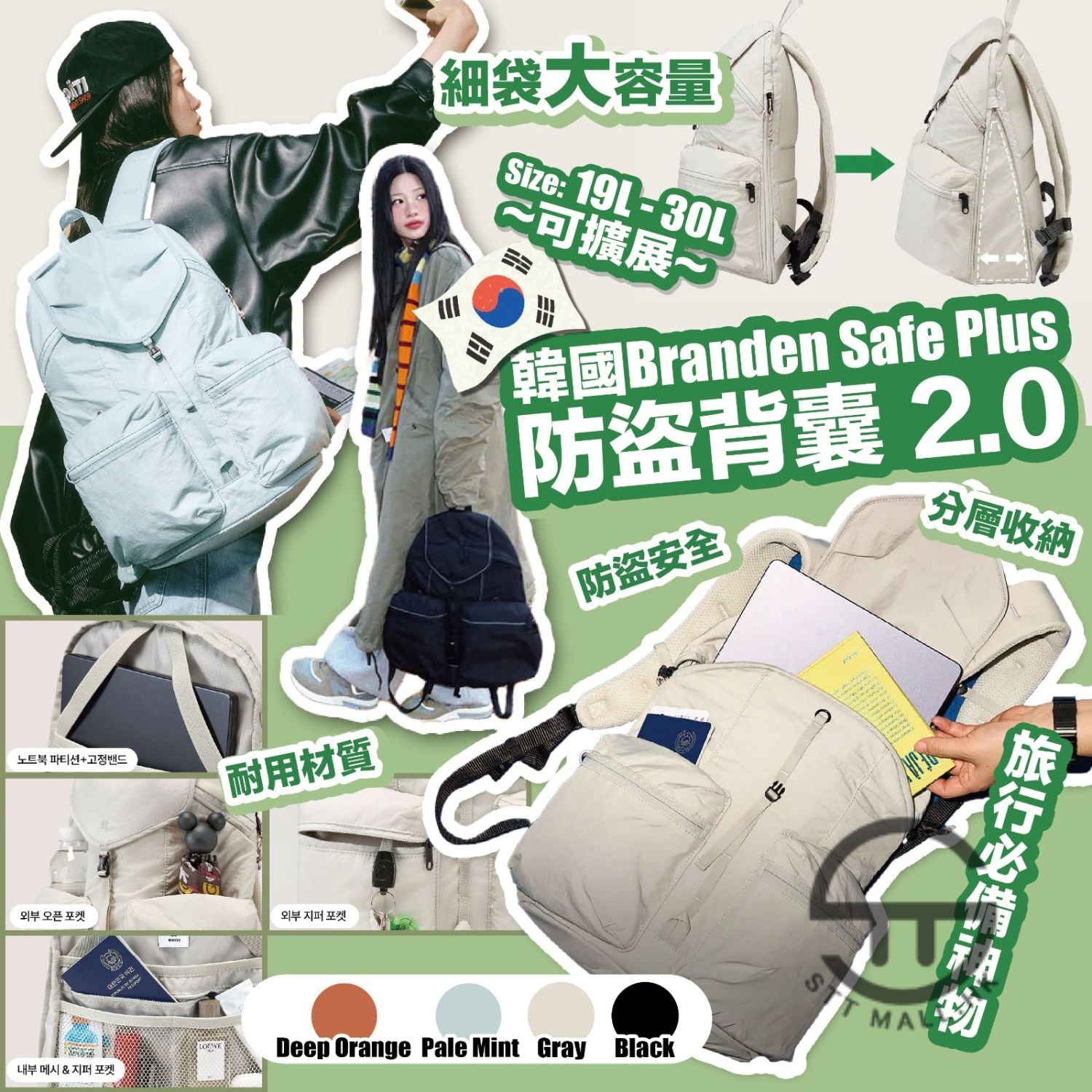 韓國 Branden 防盜可擴展旅行背包【SM684】