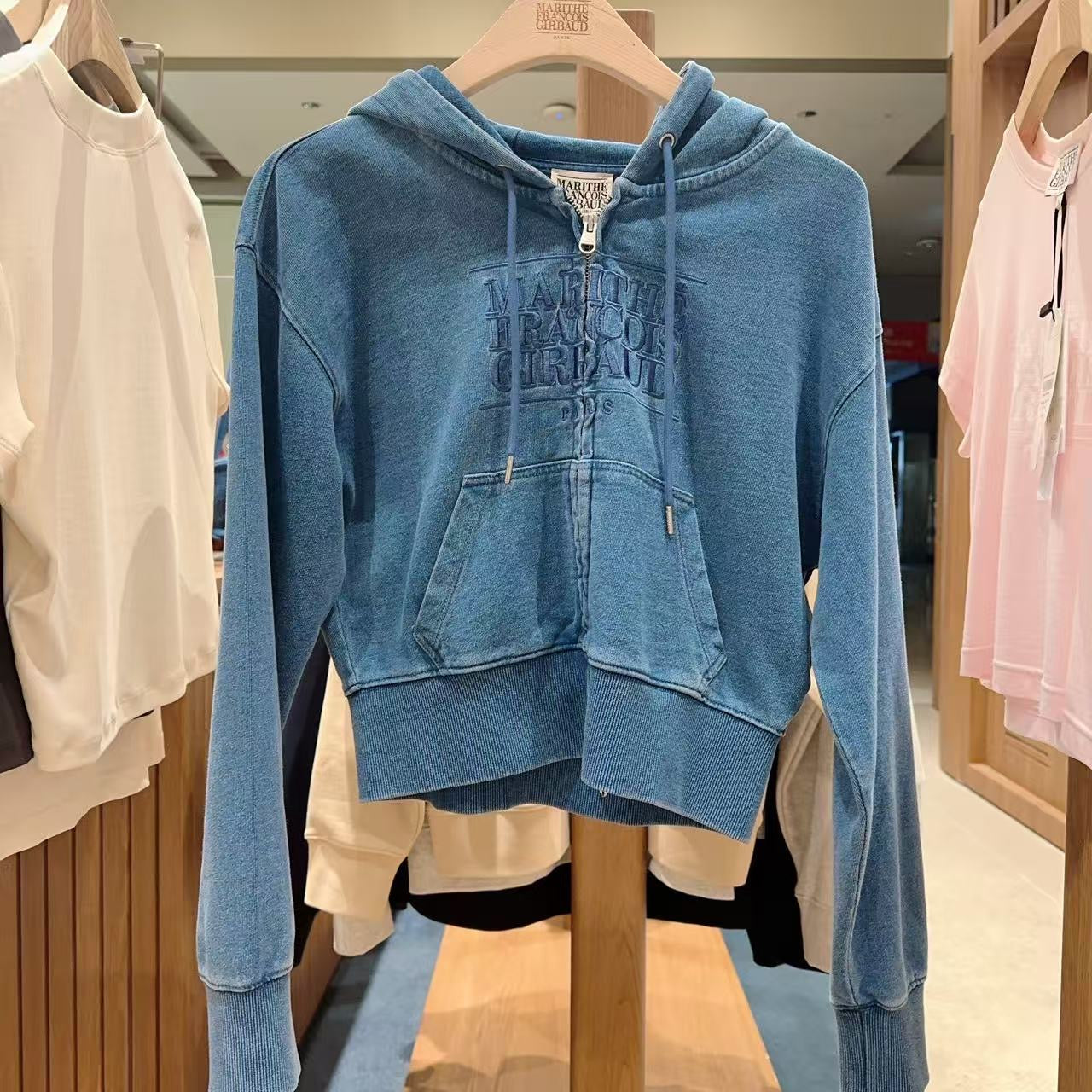 韓國 Marithe Francois Girbaud W Embroidery Classic Logo Crop Hoodie Zipup【MF716】