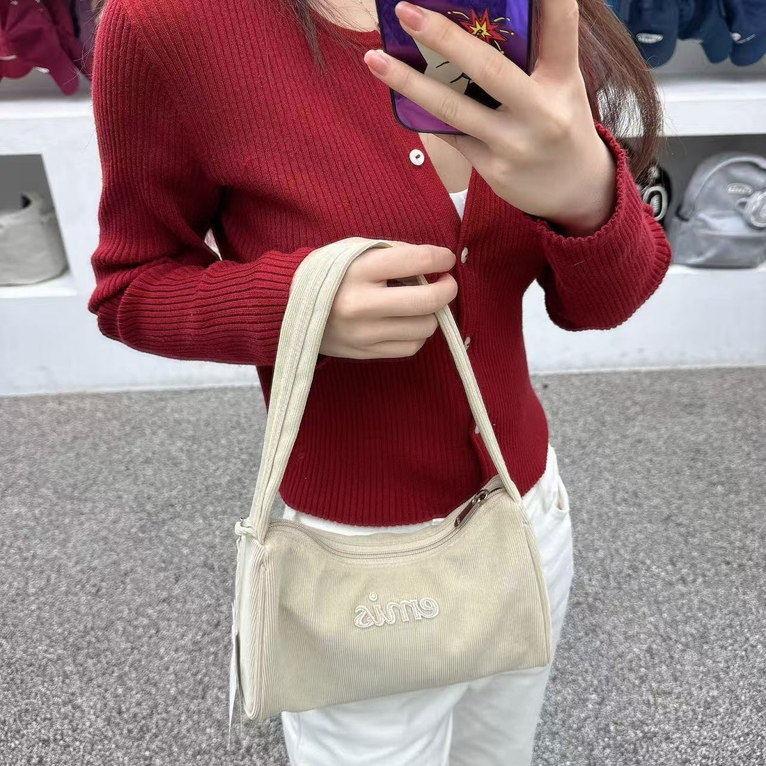 韓國 EMIS Corduroy Applique Hobo Bag【ES097】