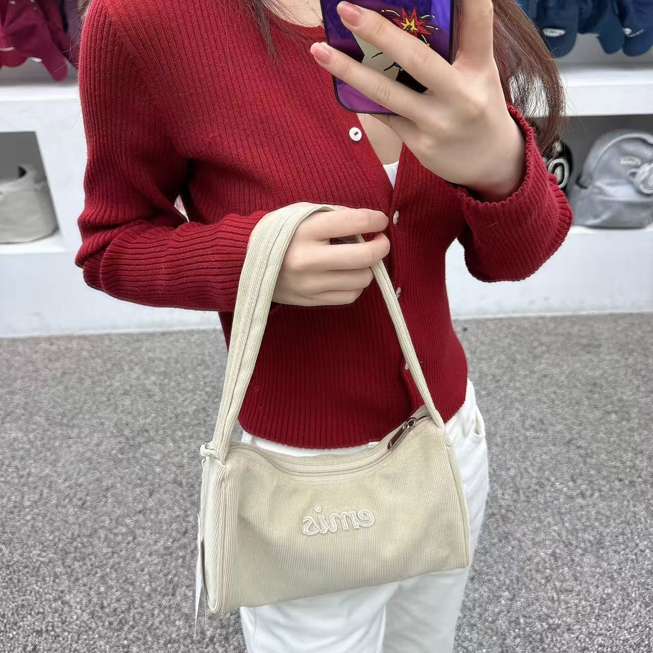 韓國 EMIS Corduroy Applique Hobo Bag【ES097】