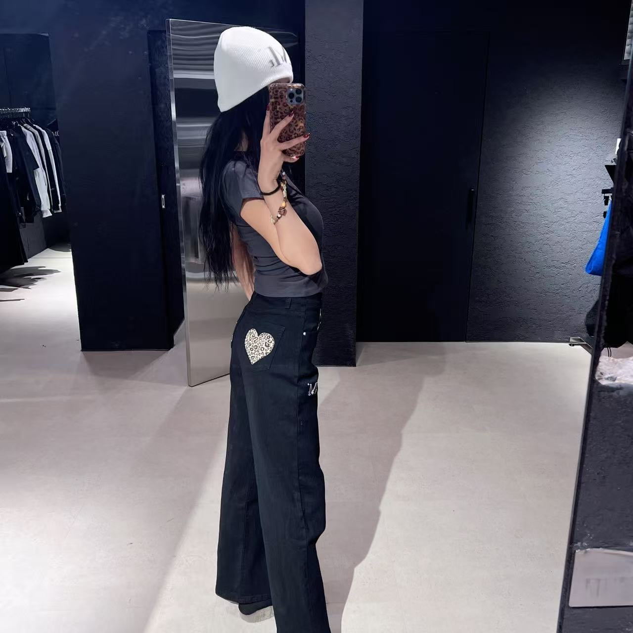 韓國 Mucent Coron Back Leather Leopard Heart Patch Wide Cotton Pants【MU151】