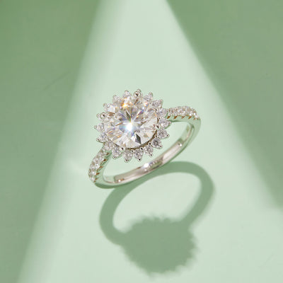 莫桑石 M45E太陽花S925銀鍍白金莫桑鑽女戒3.0克拉D級【SM1137】