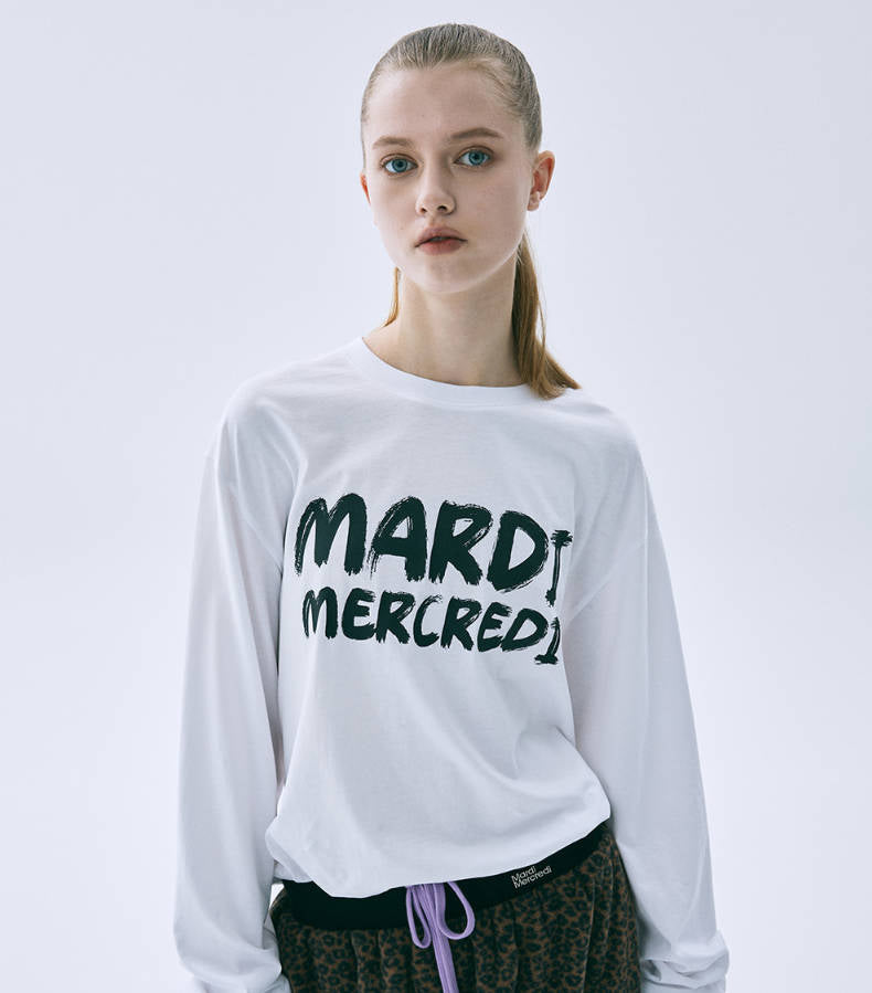 韓國 Mardi Mercredi Unisex Tshirt Long Sleeve Brush Logo Contrast【MM194】