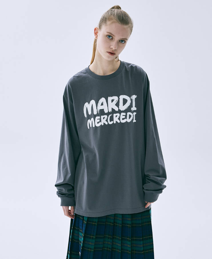 韓國 Mardi Mercredi Unisex Tshirt Long Sleeve Brush Logo Contrast【MM194】