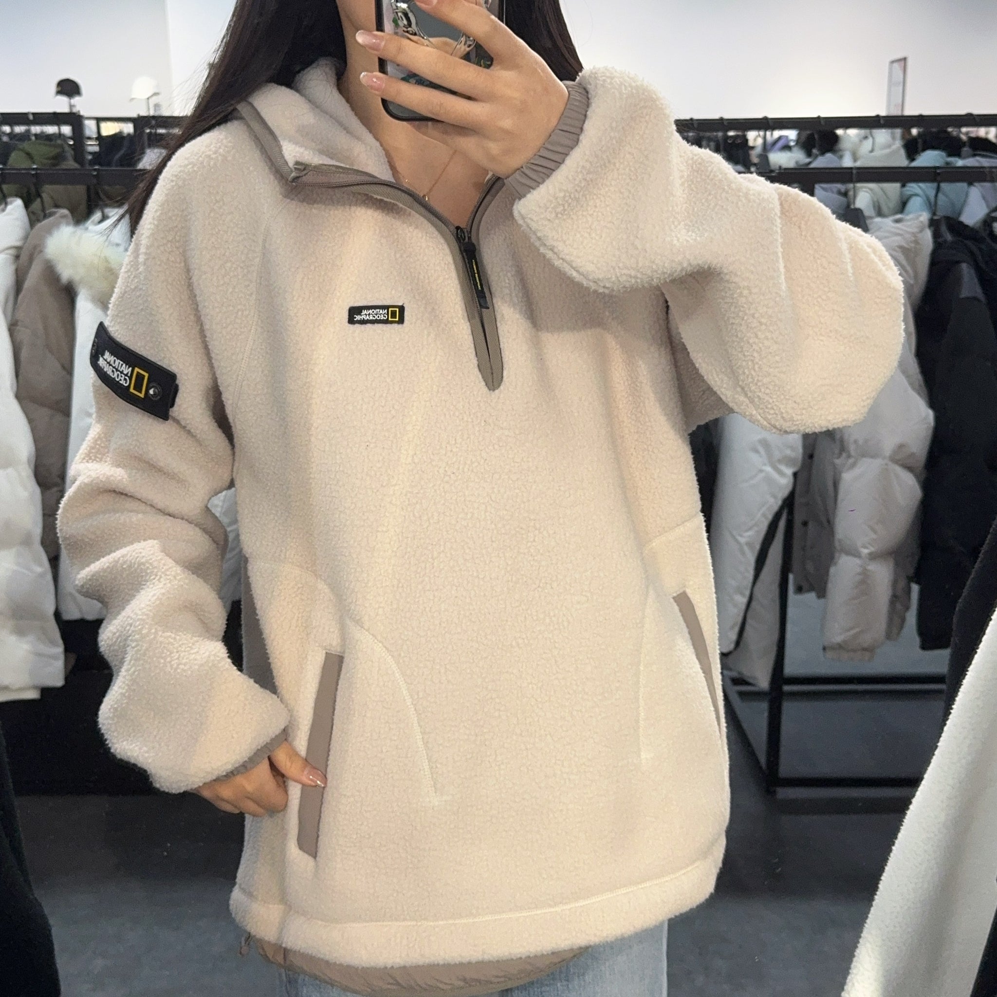 【現貨】韓國 National Geographic Woven Layered Loose Fit Fleece Half Zip Hoodie【NG400】