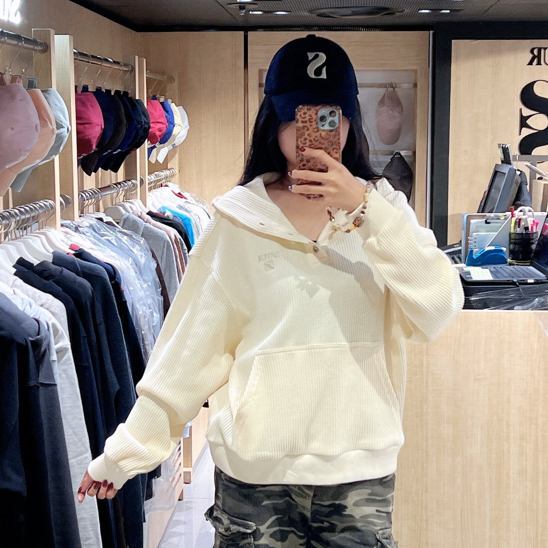 韓國 Satur Half Button Waffle Hoodie【SR222】