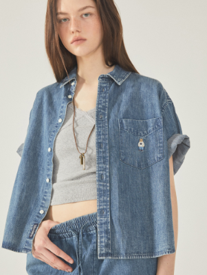 韓國 Who.A.U Steve Denim Crop Short Sleeve Shirts【WA164】