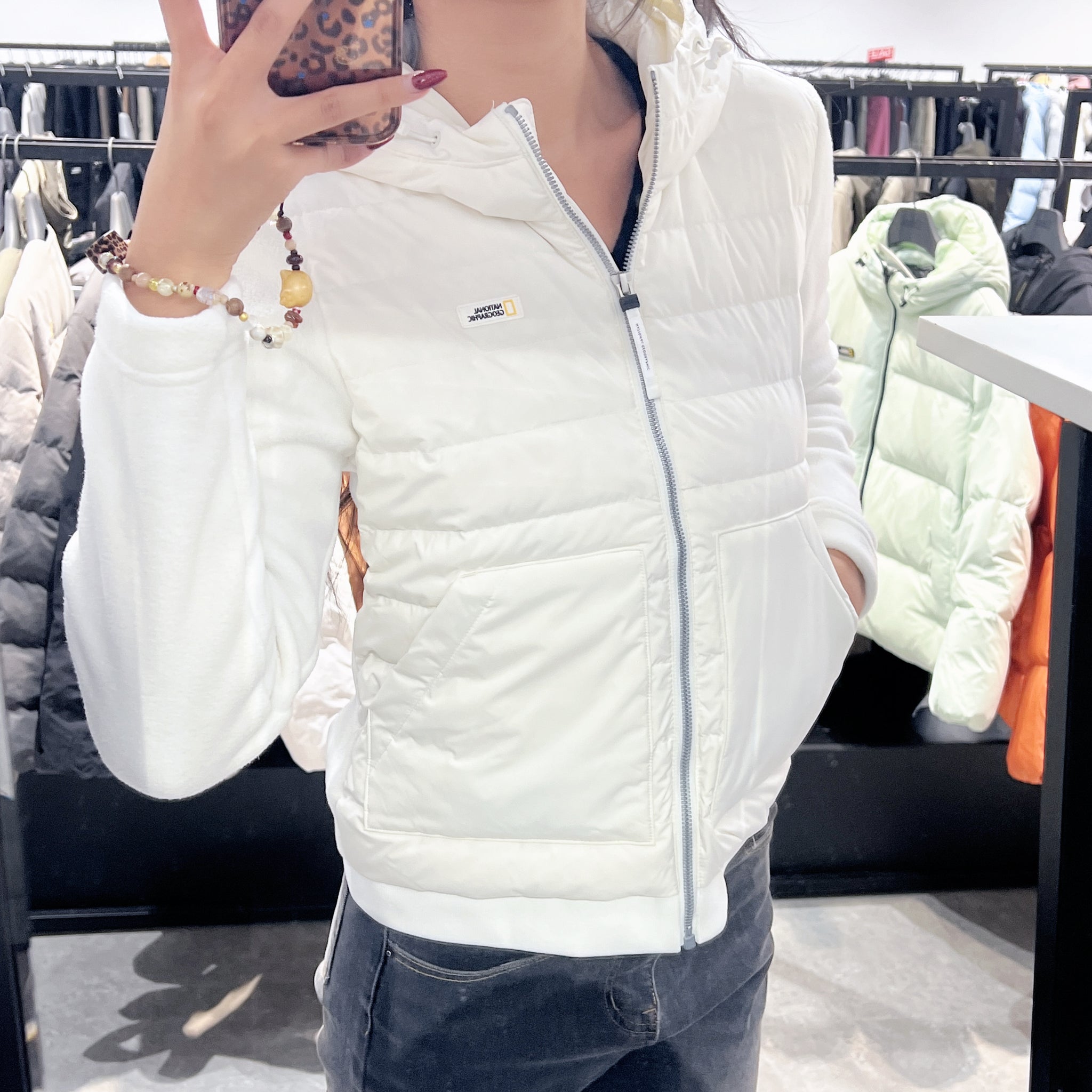 韓國 National Geographic Women's Puffin Woven Zip-Up Hooded Jacket (鵝絨)【NG076】