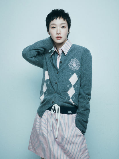 韓國 Mardi Mercredi Cashmere Blended Cardigan Round Neck Argyle【MM223】