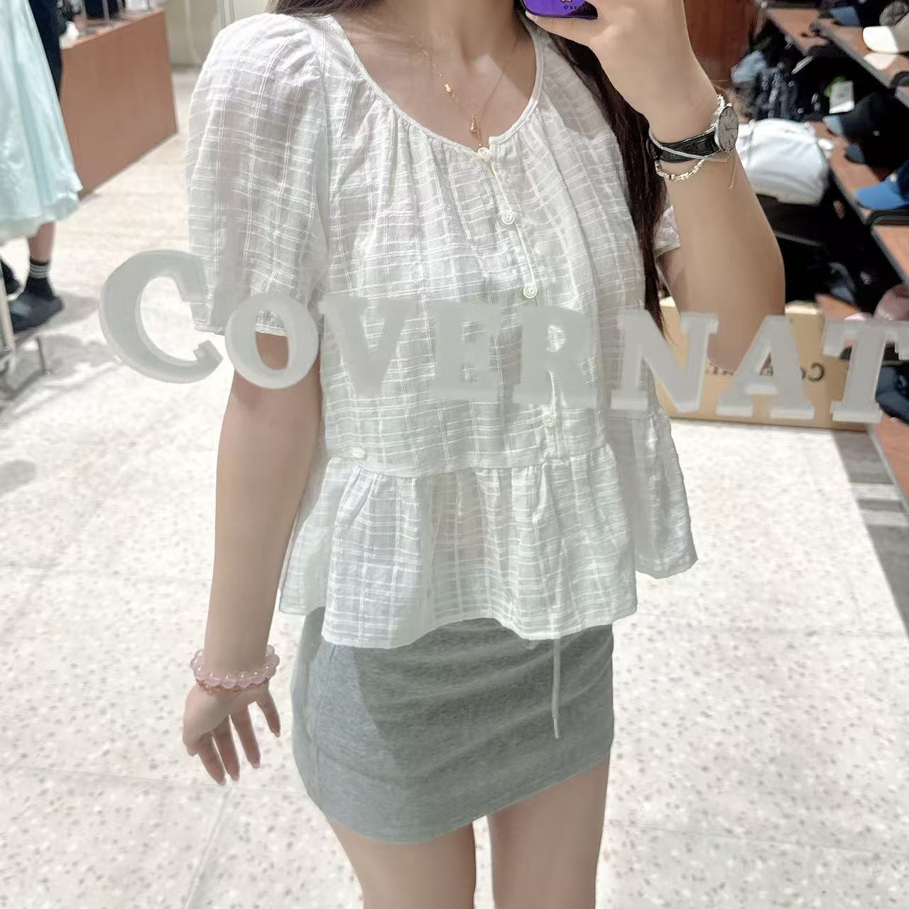 韓國 Covernat Women's Shirring Flare Half Blouse【CO095】