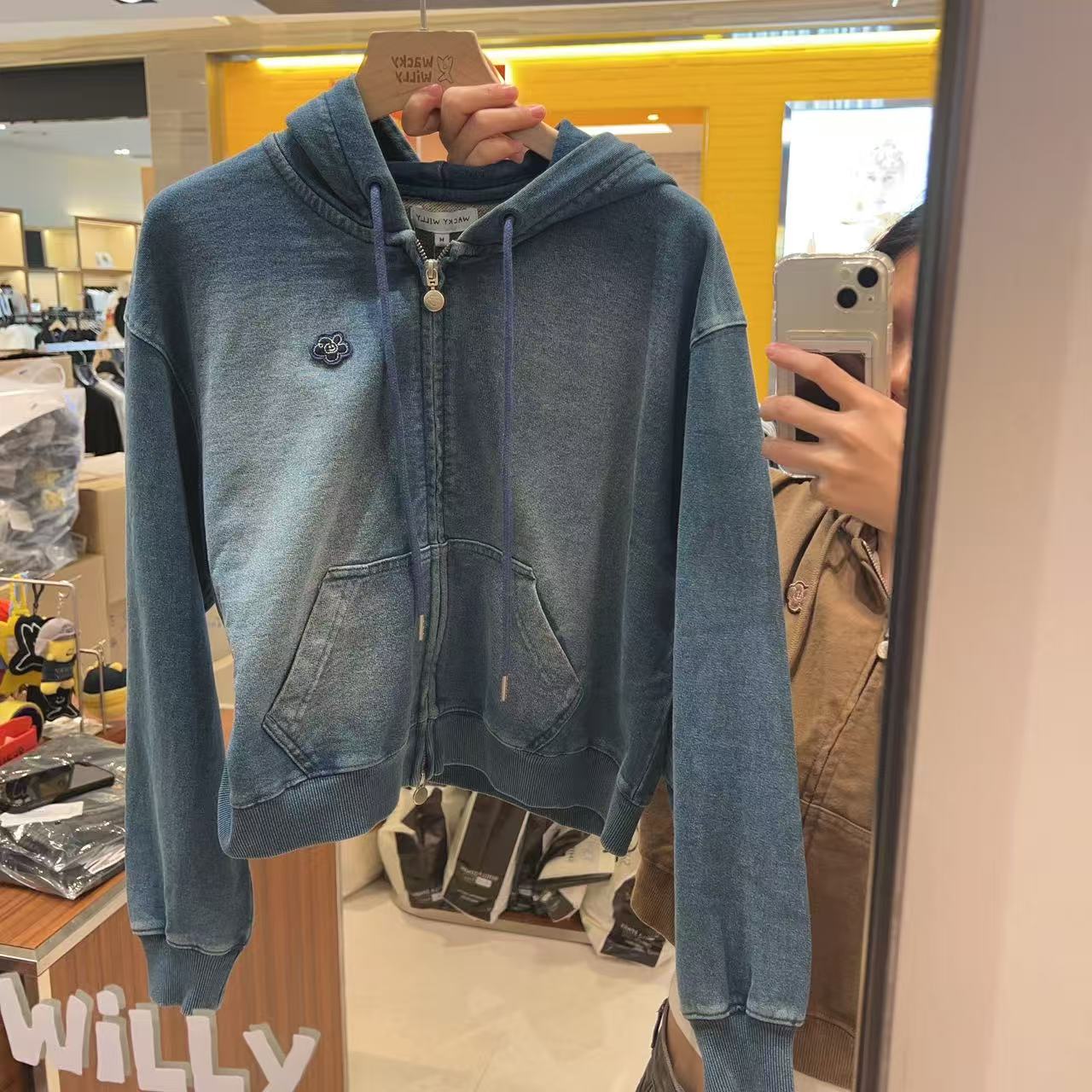 韓國 Wacky Willy Women's Denim Washed Crop Hooded Zip-Up【WW018】