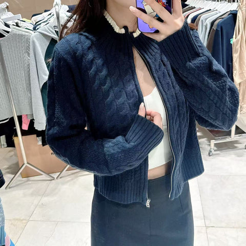 韓國 Markm Women's cable cropped high-neck knitwear zip-up ivory【MA334】