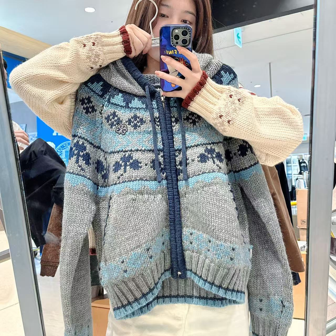 韓國 Mark Gonzales Women's Nordic Pattern Hooded Zip-Up Knit Cardigan【MG196】