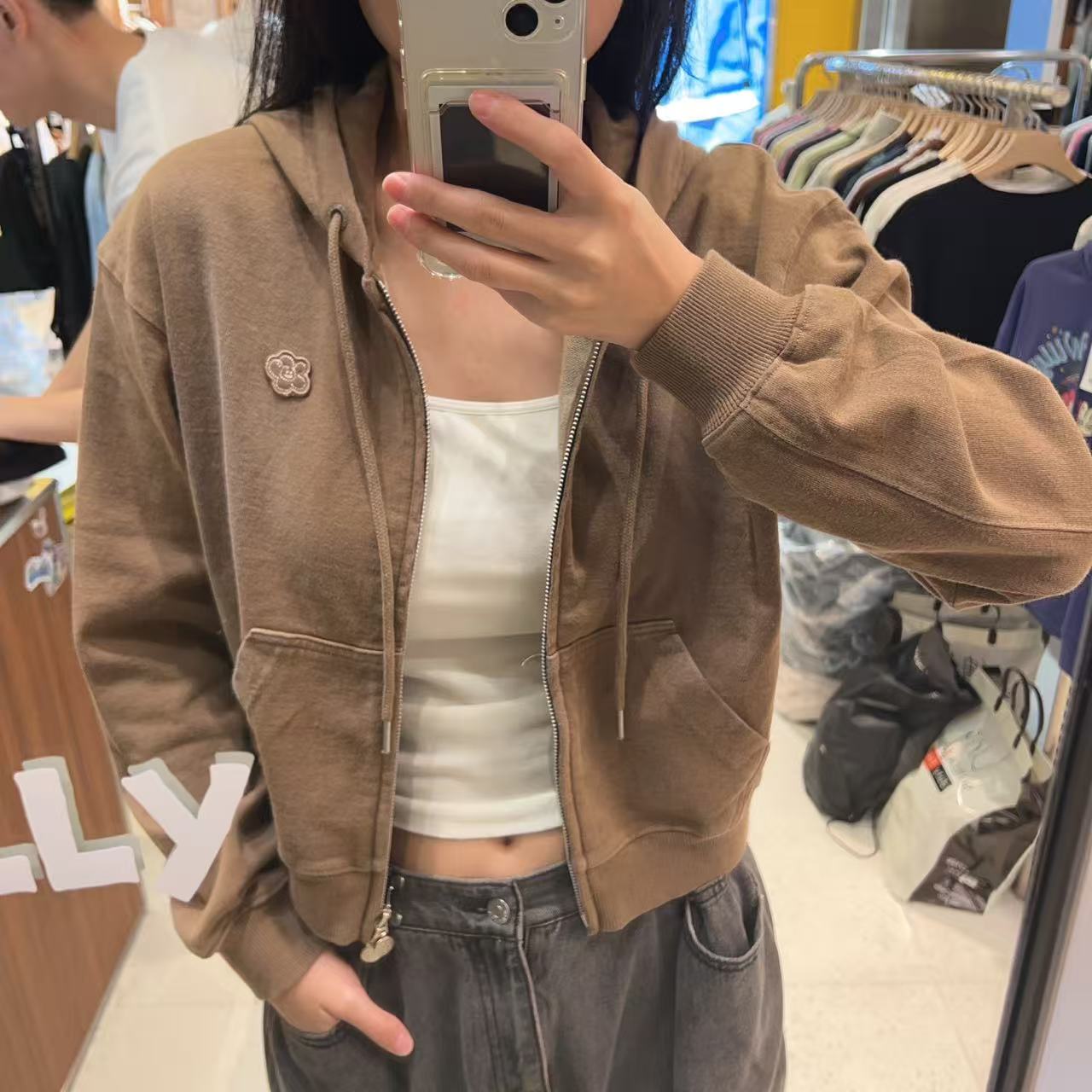 韓國 Wacky Willy Women's Denim Washed Crop Hooded Zip-Up【WW018】