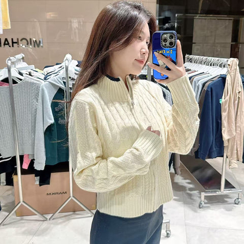 韓國 Markm Women's cable cropped high-neck knitwear zip-up ivory【MA334】