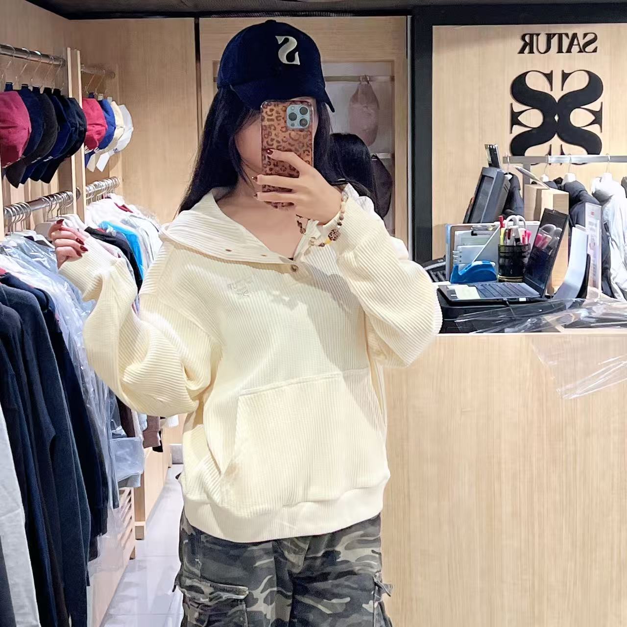 韓國 Satur Half Button Waffle Hoodie【SR222】