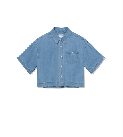 韓國 Markm Women's Washed Denim Short Sleeve Crop Shirt【MA172】