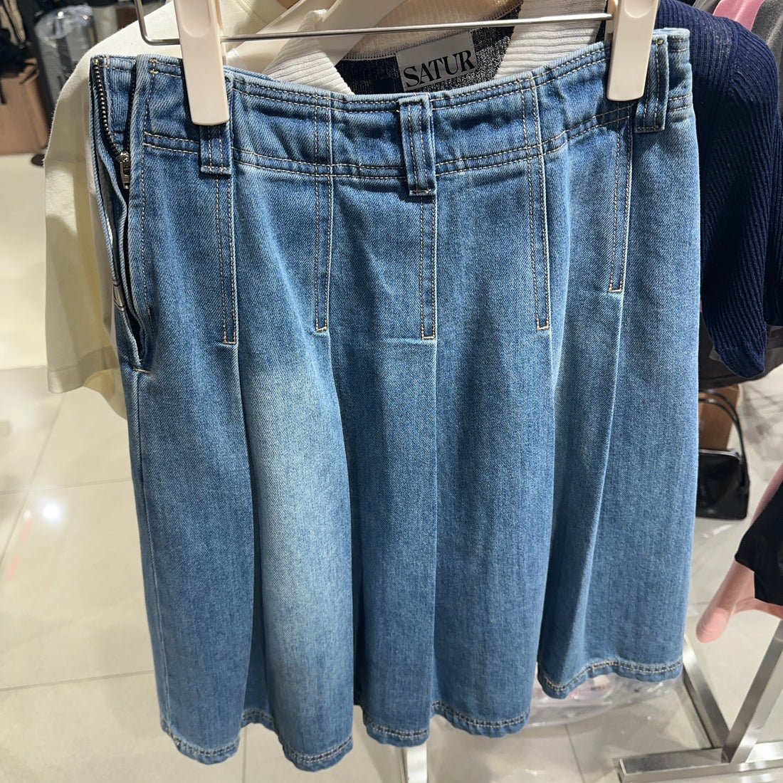 韓國 Satur Pleated Denim Midi Skirt【SR123】