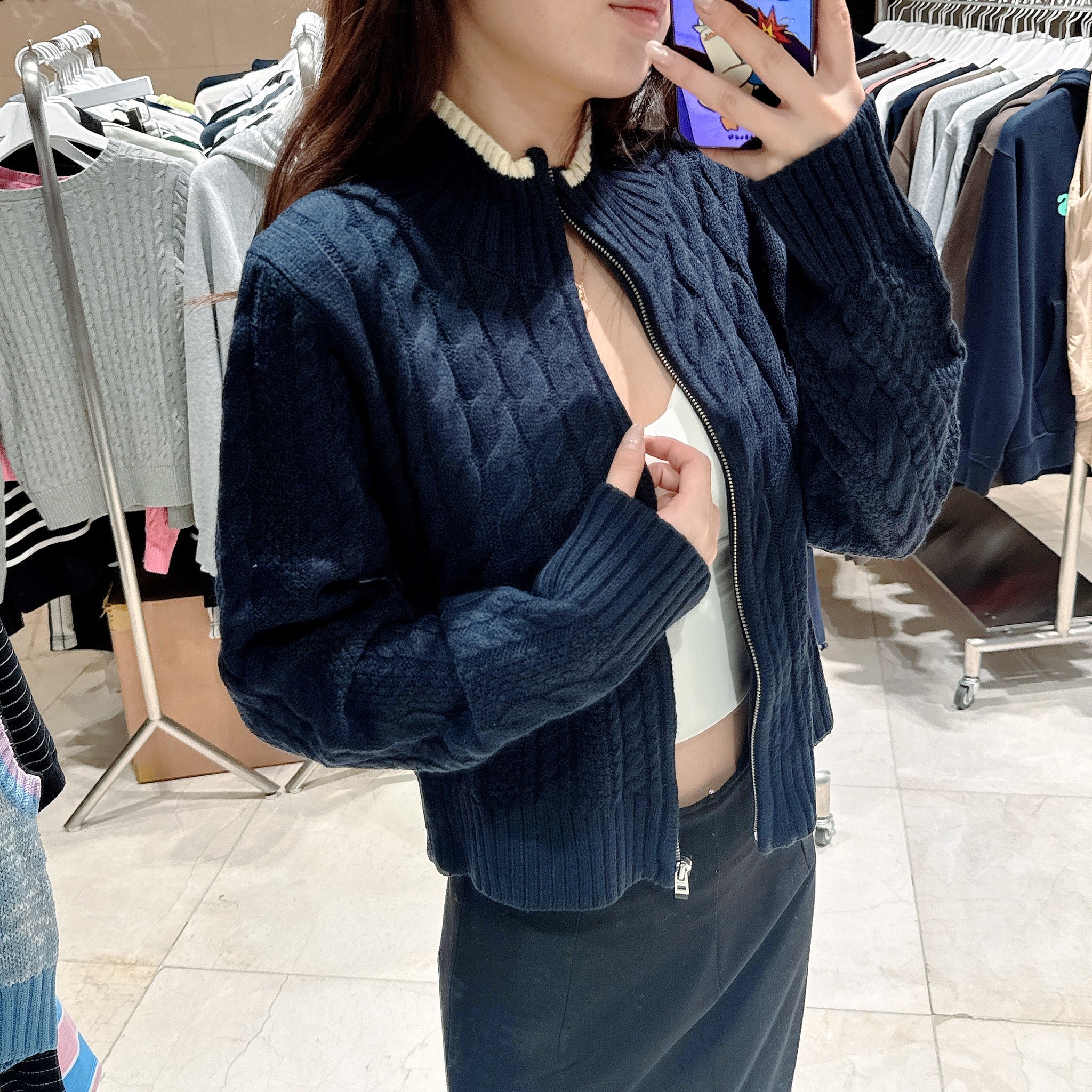 【現貨】韓國 Markm Women's cable cropped high-neck knitwear zip-up ivory【MA334】