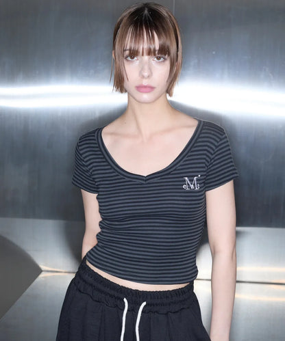 韓國 Mucent Emma V-Neck Stripe Half T-Shirt【MU013】