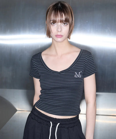 韓國 Mucent Emma V-Neck Stripe Half T-Shirt【MU013】