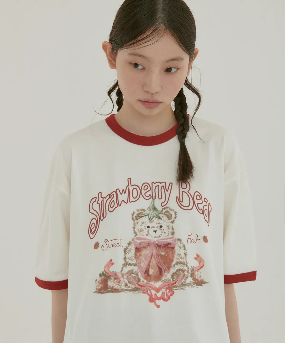 韓國 Ambler Strawberry Bear Graphic Ringer Short Sleeve T-Shirt【AR092】