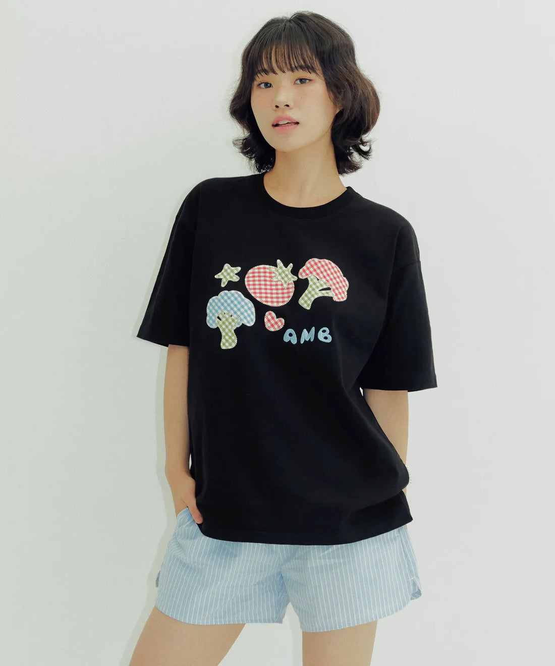 韓國 Ambler Tomato Broccoli Duo Patch Check Patch Short Sleeve T-Shirt【AR108】