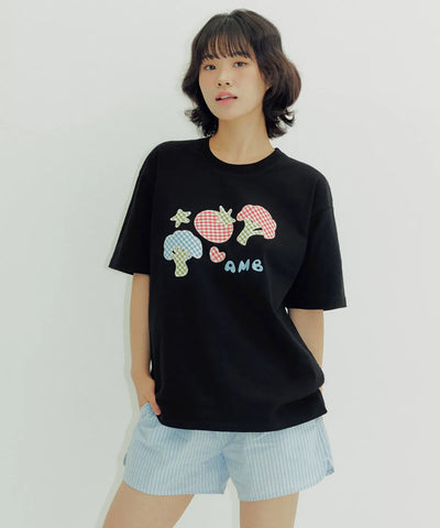 韓國 Ambler Tomato Broccoli Duo Patch Check Patch Short Sleeve T-Shirt【AR108】