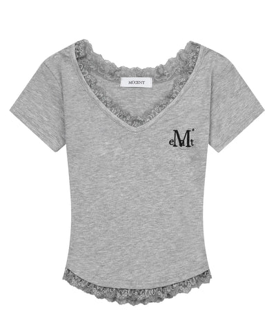 韓國 Mucent Sunnior Lace V-Neck Half T-Shirt【MU027】