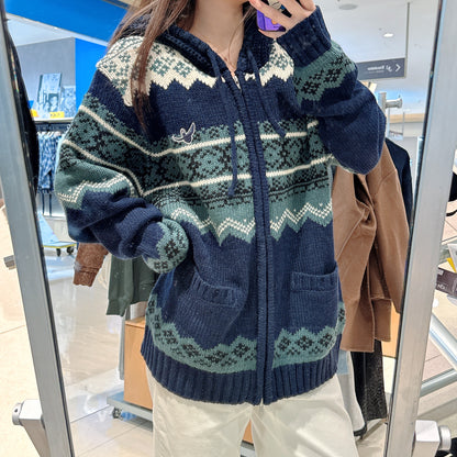 韓國 Mark Gonzales Nordic Pattern Hooded Zip-Up Knit Cardigan【MG197】
