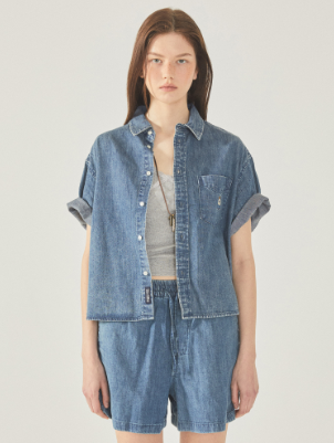 韓國 Who.A.U Steve Denim Crop Short Sleeve Shirts【WA164】