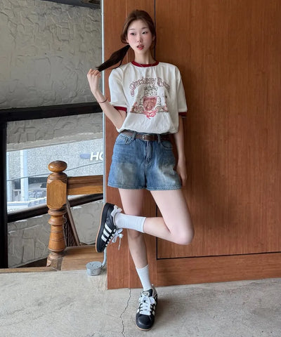 韓國 Ambler Strawberry Bear Graphic Ringer Short Sleeve T-Shirt【AR092】