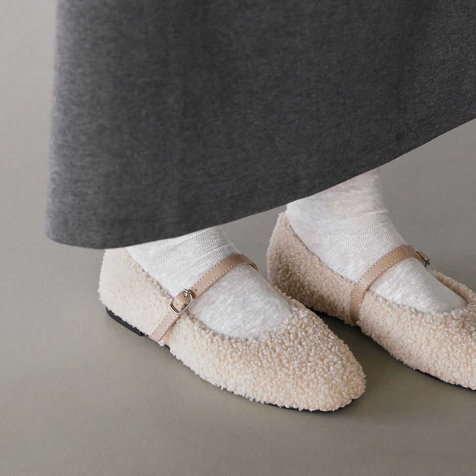 韓國 Sappun Dione Fur-lined Mary Jane Flats (1cm)【AU042】