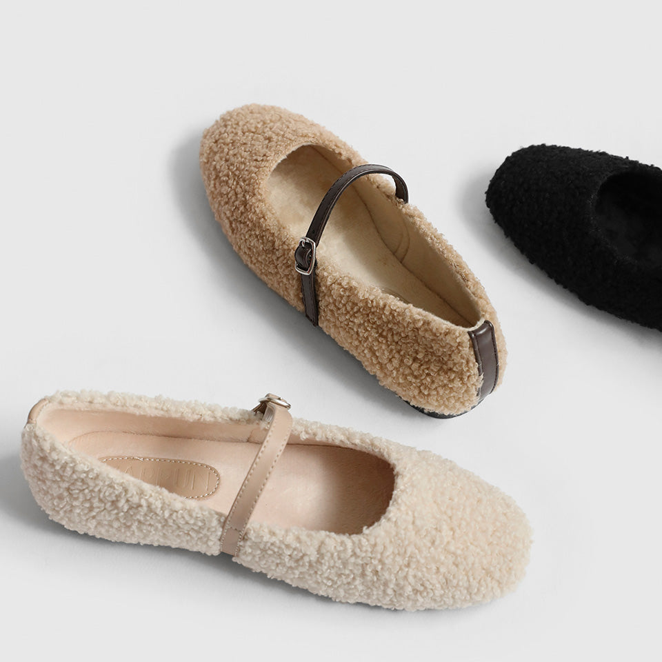 韓國 Sappun Dione Fur-lined Mary Jane Flats (1cm)【AU042】