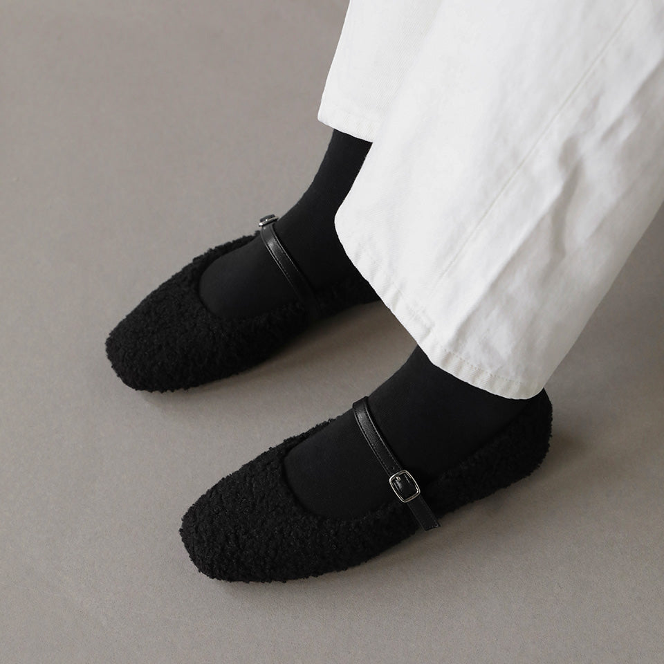 韓國 Sappun Dione Fur-lined Mary Jane Flats (1cm)【AU042】