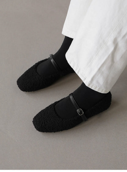 韓國 Sappun Dione Fur-lined Mary Jane Flats (1cm)【AU042】