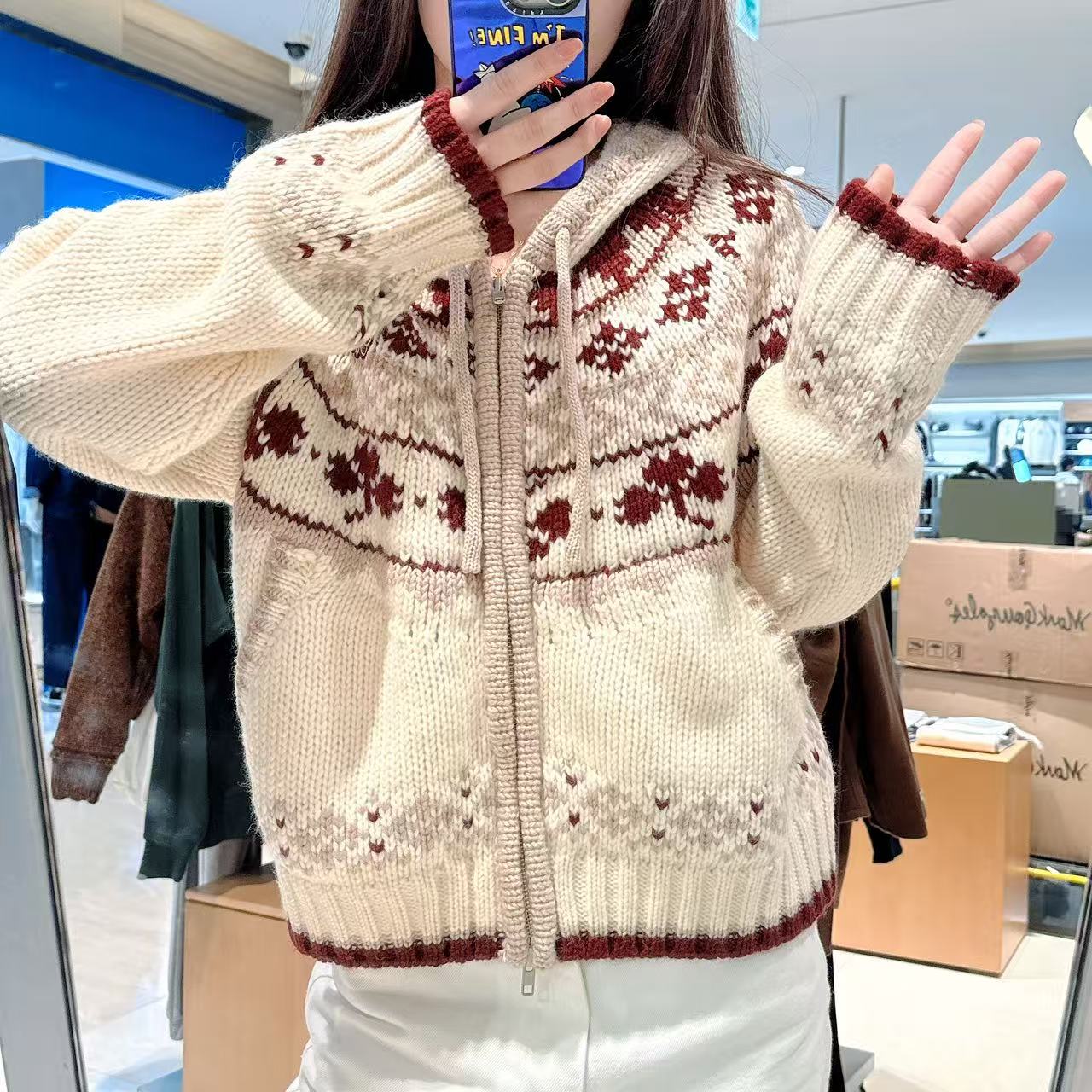 韓國 Mark Gonzales Women's Nordic Pattern Hooded Zip-Up Knit Cardigan【MG196】