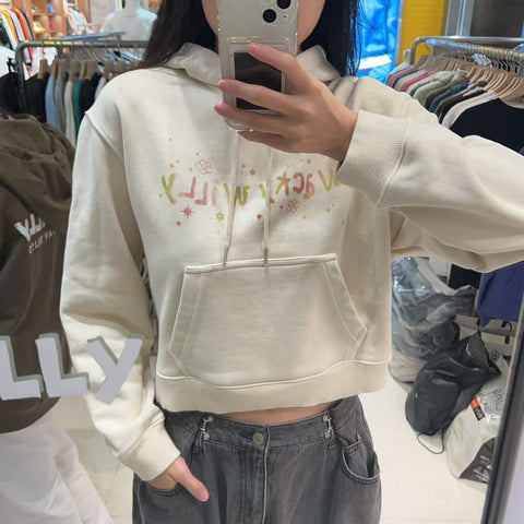 韓國 Wacky Willy Women's Snowwashed Graphic Crop Hoodie【WW022】